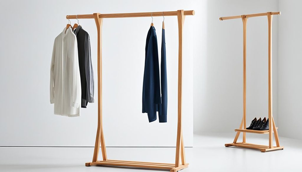 minimalist open wood garment rack