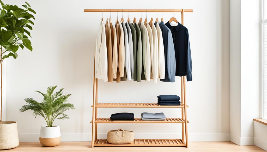 minimalist open wood garment rack