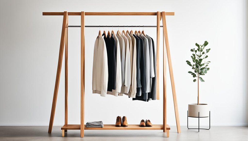 minimalist open wood garment rack