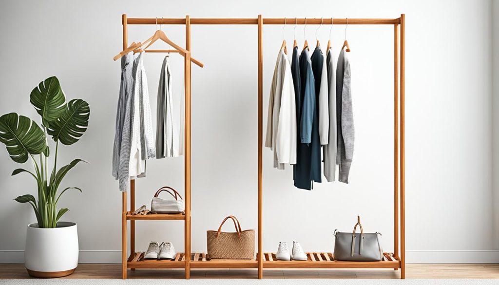 minimalist open wood garment rack