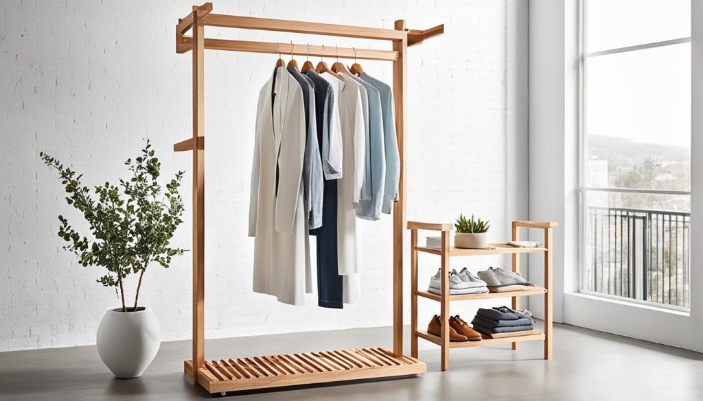 minimalist open wood garment rack