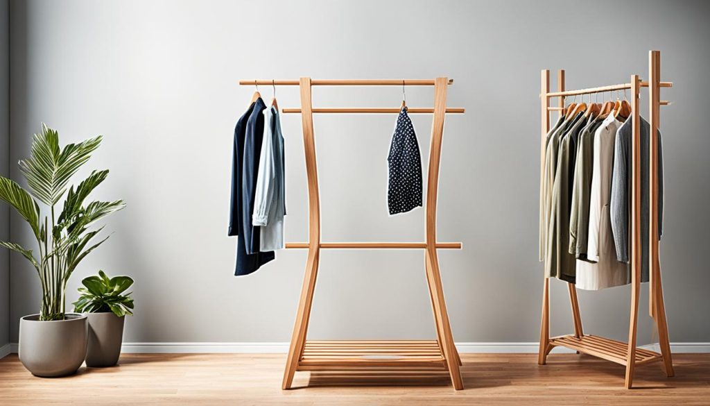 minimalist open wood garment rack