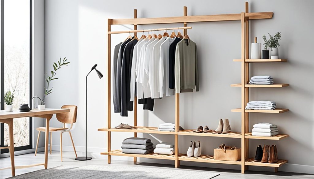 minimalist open wood garment rack