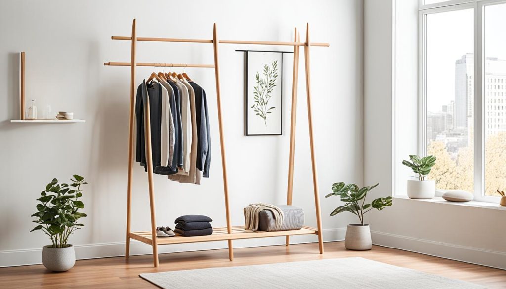 minimalist open wood garment rack