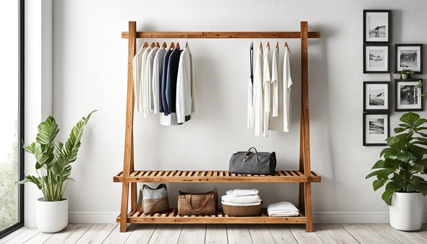 minimalist open wood garment rack