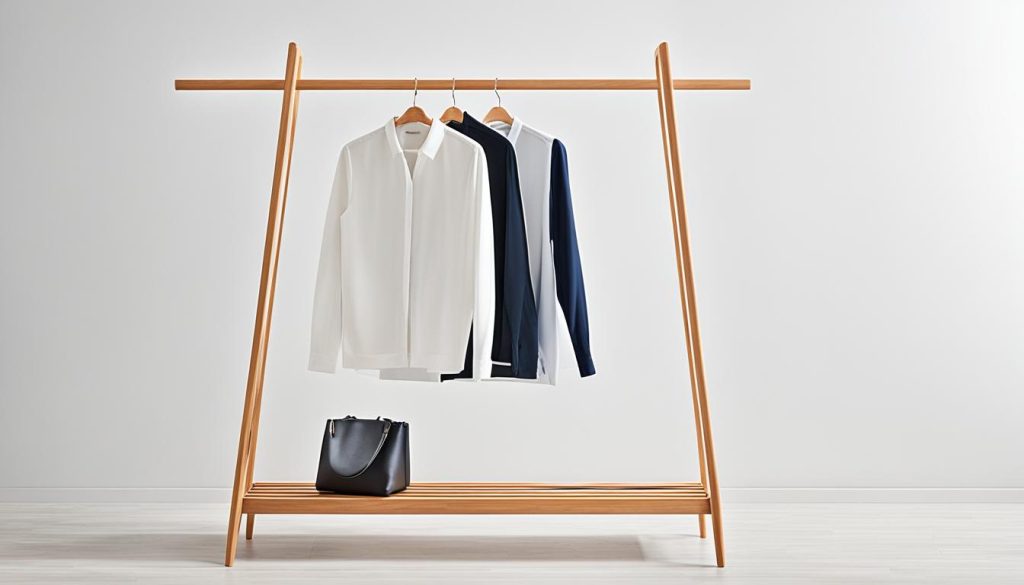 minimalist open wood garment rack